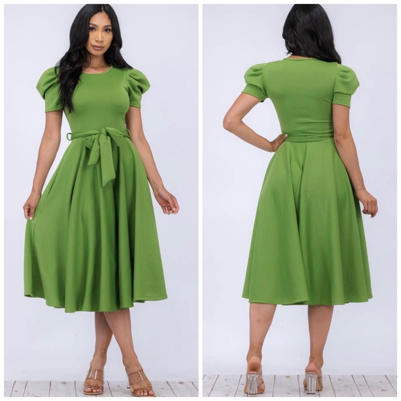 Puff Sleeve Cocktail Dress, Sizes 1X - 3X (Kelly Green) - Picture 4 of 7
